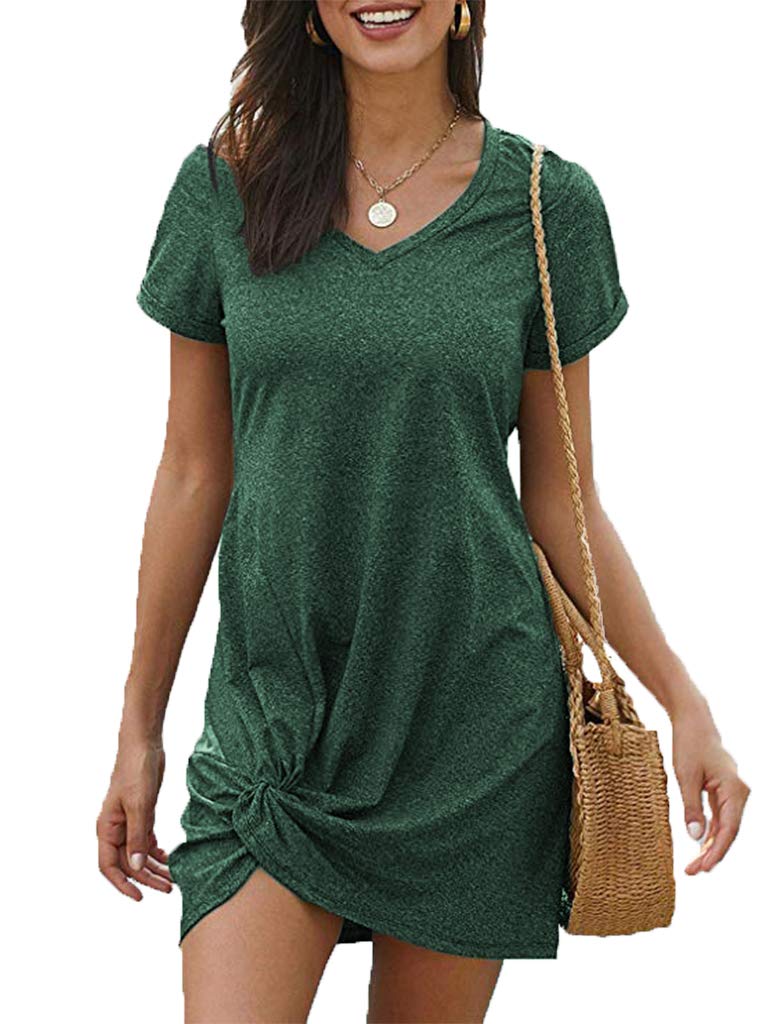 Locryz Women Loose Twist Knot T Shirts Dress Home Short Shirt Mini Dresses Tops M Green - Image 3